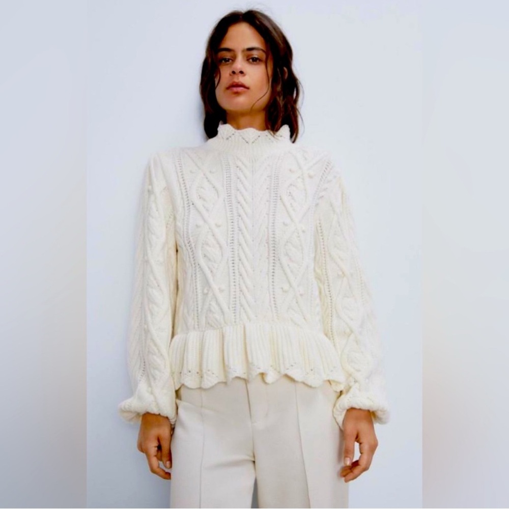 Zara Cream Cable Knit Turtleneck Sweater